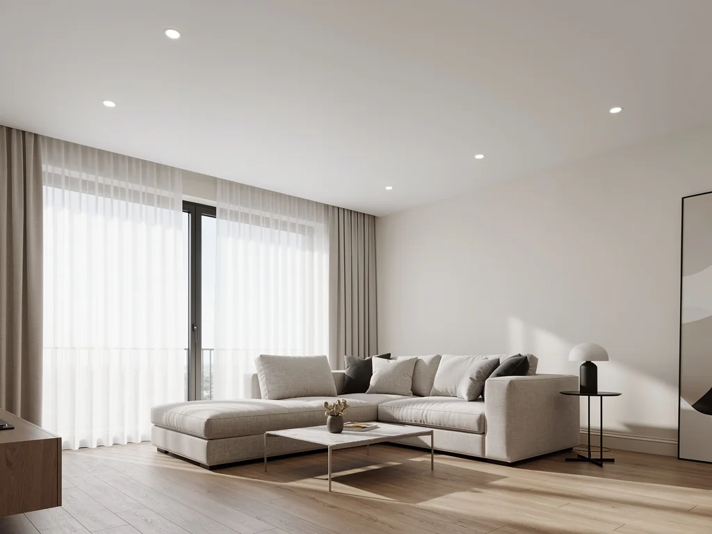 Salon avec plafond tendu blanc mat et spots encastrés