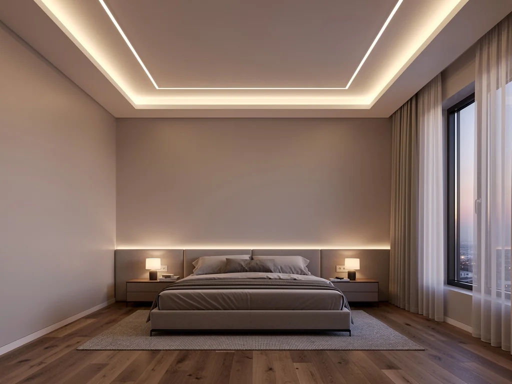 Plafond suspendu de chambre avec éclairage indirect intégré au plénum